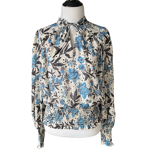 NWOT JOIE cream/blue floral smocked peasant blouse size XS new without tags - Picture 2 of 12